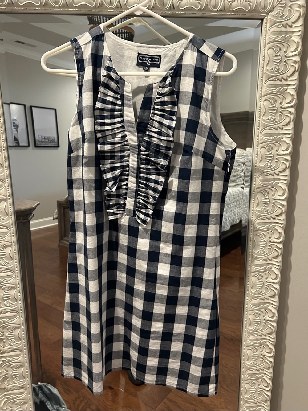 Duffield Lane Navy and White Gingham Ruffle Shift Dress
